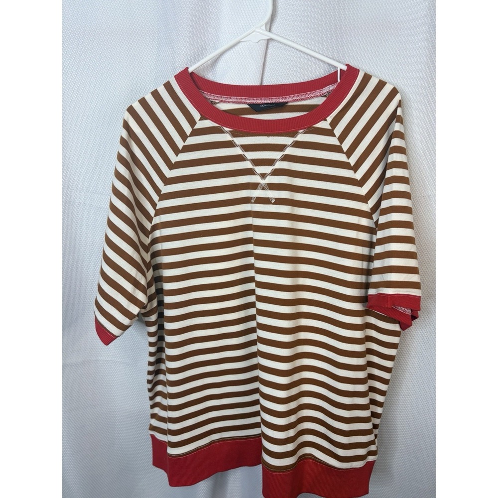 Dokotoo Brown White Striped Raglan Short Sleeve Top Red Ringer Neck Size L